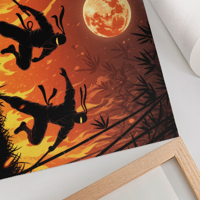 Poster murale di alta qualità Scena notturna energica con ninja e fiamme.