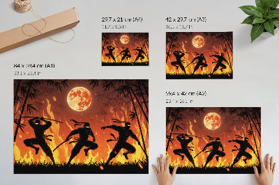 Poster murale di alta qualità Scena notturna energica con ninja e fiamme.