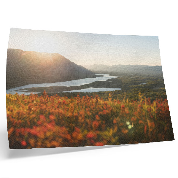 Poster Fiori, montagne, fiume, tramonto, atmosfera tranquilla