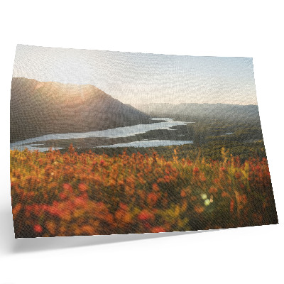 Poster Fiori, montagne, fiume, tramonto, atmosfera tranquilla