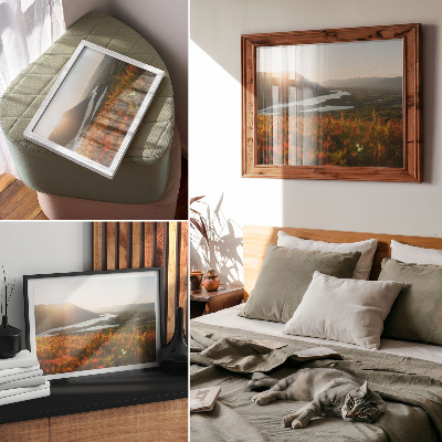 Poster Fiori, montagne, fiume, tramonto, atmosfera tranquilla