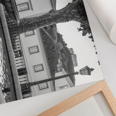 Stampa su tela moderna con fontana e castello in stile classico in bianco e nero