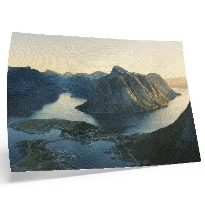 Poster murale di alta qualità con fiordi montagne acqua e tramonto all'insegna dell'armonia naturale