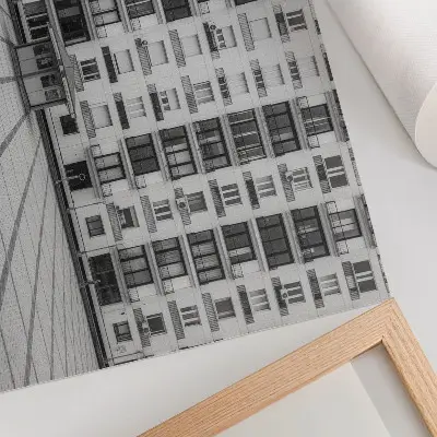 Poster moderno con edificio e piazza stampa dai colori saturi