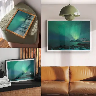 Poster Aurora verde con luci scintillanti su superficie calma dai colori saturi