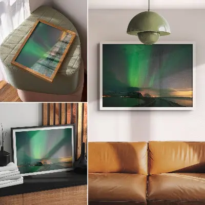 Poster murale di alta qualità raffigurante aurora boreale su un freddo paesaggio montano