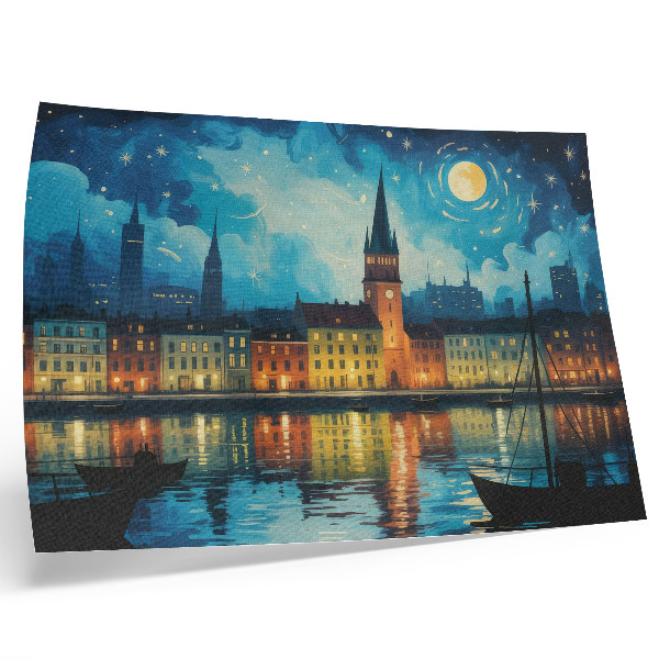 Poster dai colori saturi Riflessi notturni della città, bagliore delle lampade sull'acqua