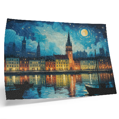 Poster dai colori saturi Riflessi notturni della città, bagliore delle lampade sull'acqua