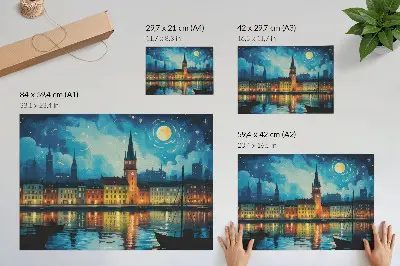 Poster dai colori saturi raffigurante riflessi notturni della città con il bagliore delle lampade sull'acqua