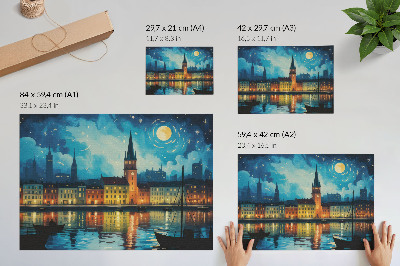Poster dai colori saturi Riflessi notturni della città, bagliore delle lampade sull'acqua