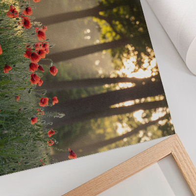 Poster dai colori saturi papaveri rossi verde foresta raggi di sole