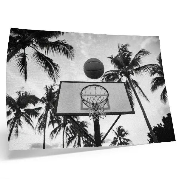 Poster con canestro da basket tra le palme con stampa dai colori saturi su sfondo bianco e nero