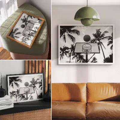Poster con canestro da basket tra le palme con stampa dai colori saturi su sfondo bianco e nero
