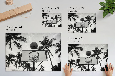 Poster dai colori saturi Canestro da basket tra le palme su sfondo bianco e nero
