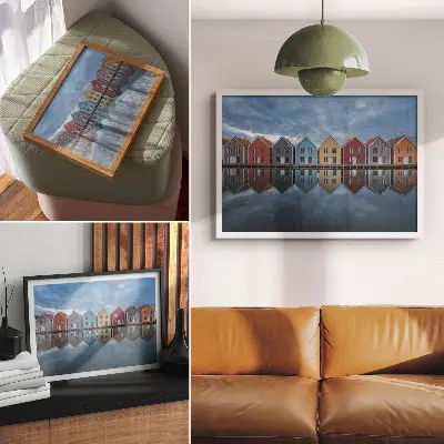 Poster murale di alta qualità con case colorate in stile moderno e simmetrico