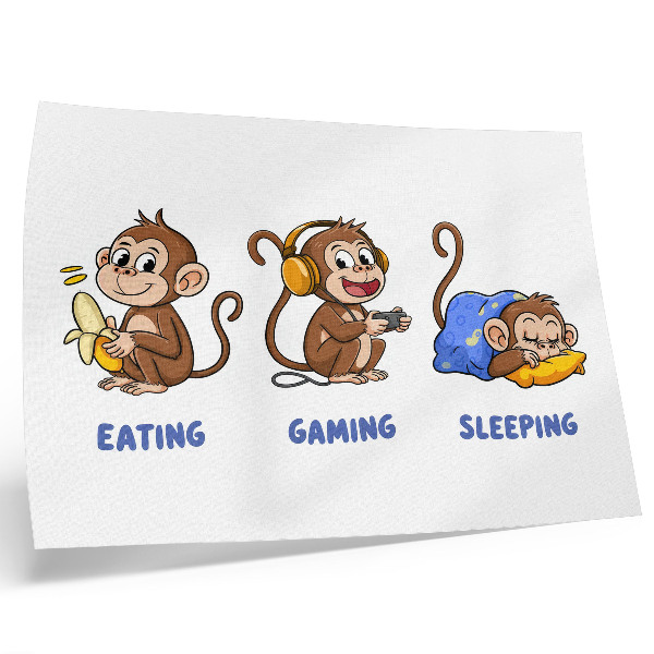 Poster Illustrazioni divertenti di una scimmia che mangia, gioca e dorme