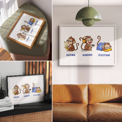 Poster Illustrazioni divertenti di una scimmia che mangia, gioca e dorme