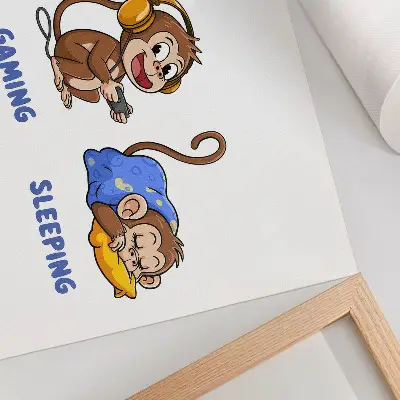 Poster con illustrazioni di scimmia disegni divertenti di una scimmia che mangia, gioca e dorme