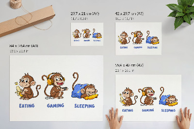 Poster Illustrazioni divertenti di una scimmia che mangia, gioca e dorme