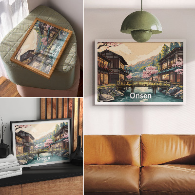 Poster murale di alta qualità Paesaggio con architettura giapponese e ciliegi.