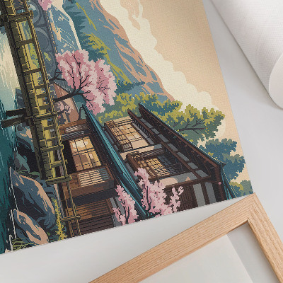 Poster murale di alta qualità Paesaggio con architettura giapponese e ciliegi.
