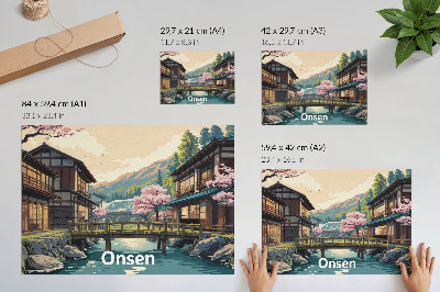 Poster murale di alta qualità Paesaggio con architettura giapponese e ciliegi.