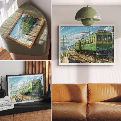 Stampa su tela moderna Treno illustrativo in un paesaggio marino