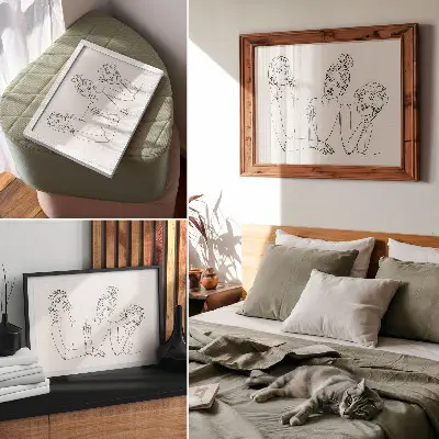 Poster murale di alta qualità linee in bianco e nero con personaggi intimi e delicati