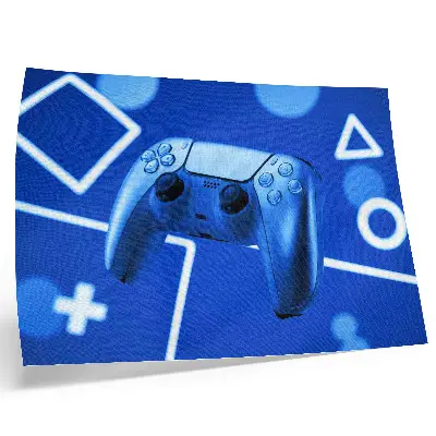 Stampa su tela moderna con controller di gioco su sfondo geometrico blu