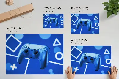 Stampa su tela moderna con controller di gioco su sfondo geometrico blu