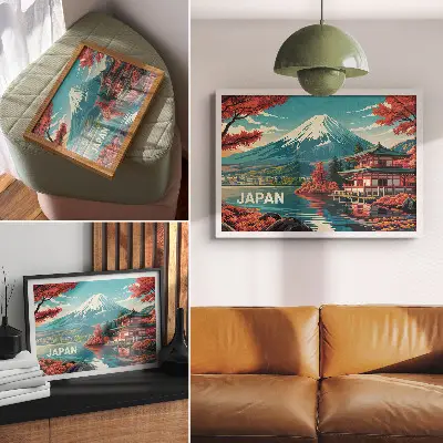 Poster murale di alta qualità paesaggio giapponese con lago colorato e montagna