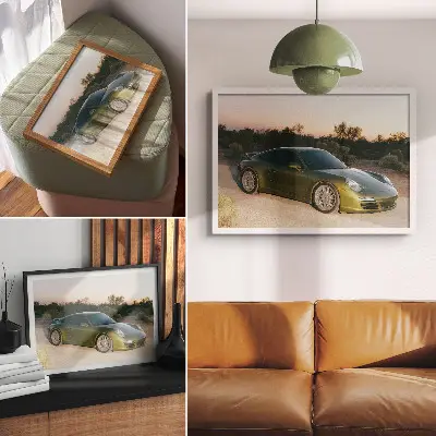 Poster con auto sportiva dai colori saturi con sfondo deserto al tramonto