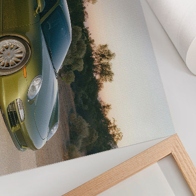 Poster dai colori saturi Auto sportiva verde al tramonto nel deserto