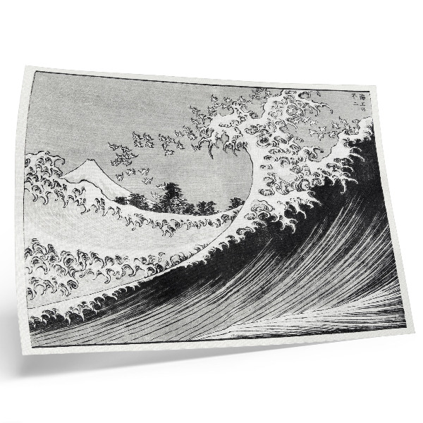 Poster dai colori saturi Cento vedute del Monte Fuji (1835) di Hokusai, stampa xilografica giapponese d'epoca