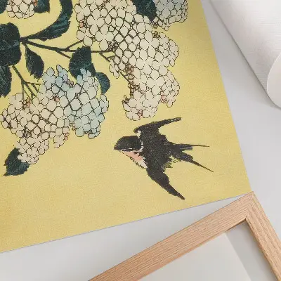 Poster murale di alta qualità riproduzione della xilografia a colori Ortensia e la rondine di Hokusai del 1833