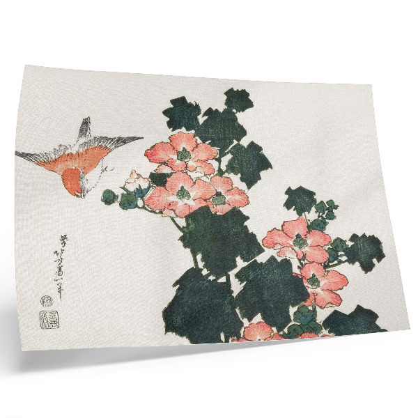 Stampa su tela moderna Rose rosse e un uccello di Katsushiki Hokusai (1760–1849), stampa xilografica giapponese d'epoca
