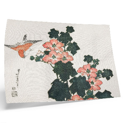 Stampa su tela moderna Rose rosse e un uccello di Katsushiki Hokusai (1760–1849), stampa xilografica giapponese d'epoca