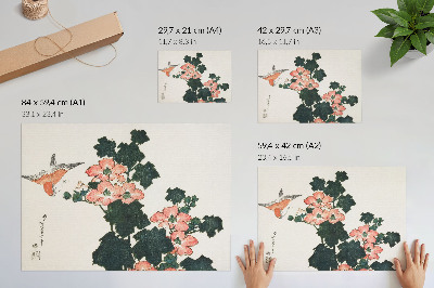 Stampa su tela moderna Rose rosse e un uccello di Katsushiki Hokusai (1760–1849), stampa xilografica giapponese d'epoca