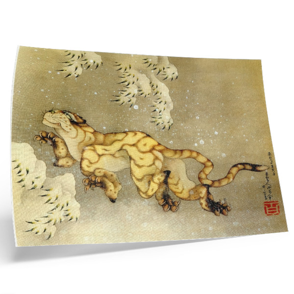 Poster dai colori saturi Katsushika Hokusai (1760–1849), Tigre nella neve. Rotolo appeso, inchiostro e colore su seta, 1849