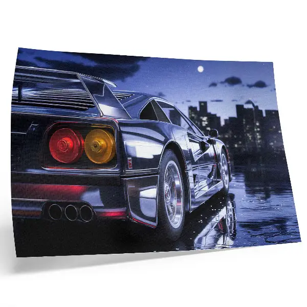 Poster murale di alta qualità con un'auto sportiva in un paesaggio urbano di notte