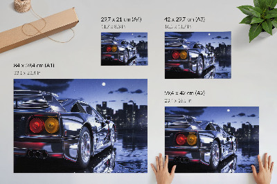 Poster murale di alta qualità Un'auto sportiva in un paesaggio urbano di notte