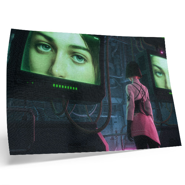 Poster dai colori saturi Interagire con un'immagine digitale di una donna