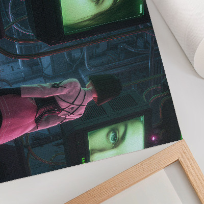 Poster dai colori saturi Interagire con un'immagine digitale di una donna