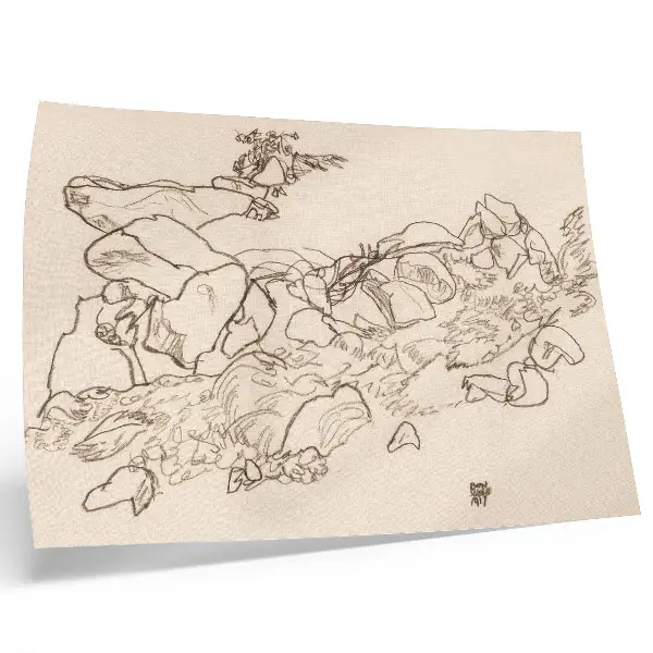 Stampa su tela moderna di Torrente di montagna (1917) di Egon Schiele, disegno a tratto dalla collezione del MET Museum
