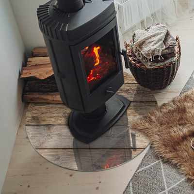 Lastra in vetro per caminetto rotondo Tavola di legno nel layout