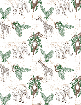 Tenda a rullo interna per finestra con stampa di giraffe, elefanti e foglie