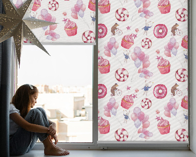 Tenda a rullo da interno con fantasia di palloncini rosa, ciambelle e coniglietti