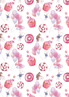 Tenda a rullo da interno con fantasia di palloncini rosa, ciambelle e coniglietti