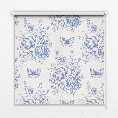 Tenda a rullo per finestra con stampa di fiori blu e farfalle