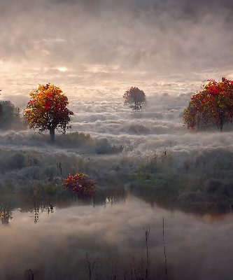 Tenda a rullo per porta finestra con stampa di alberi nella nebbia